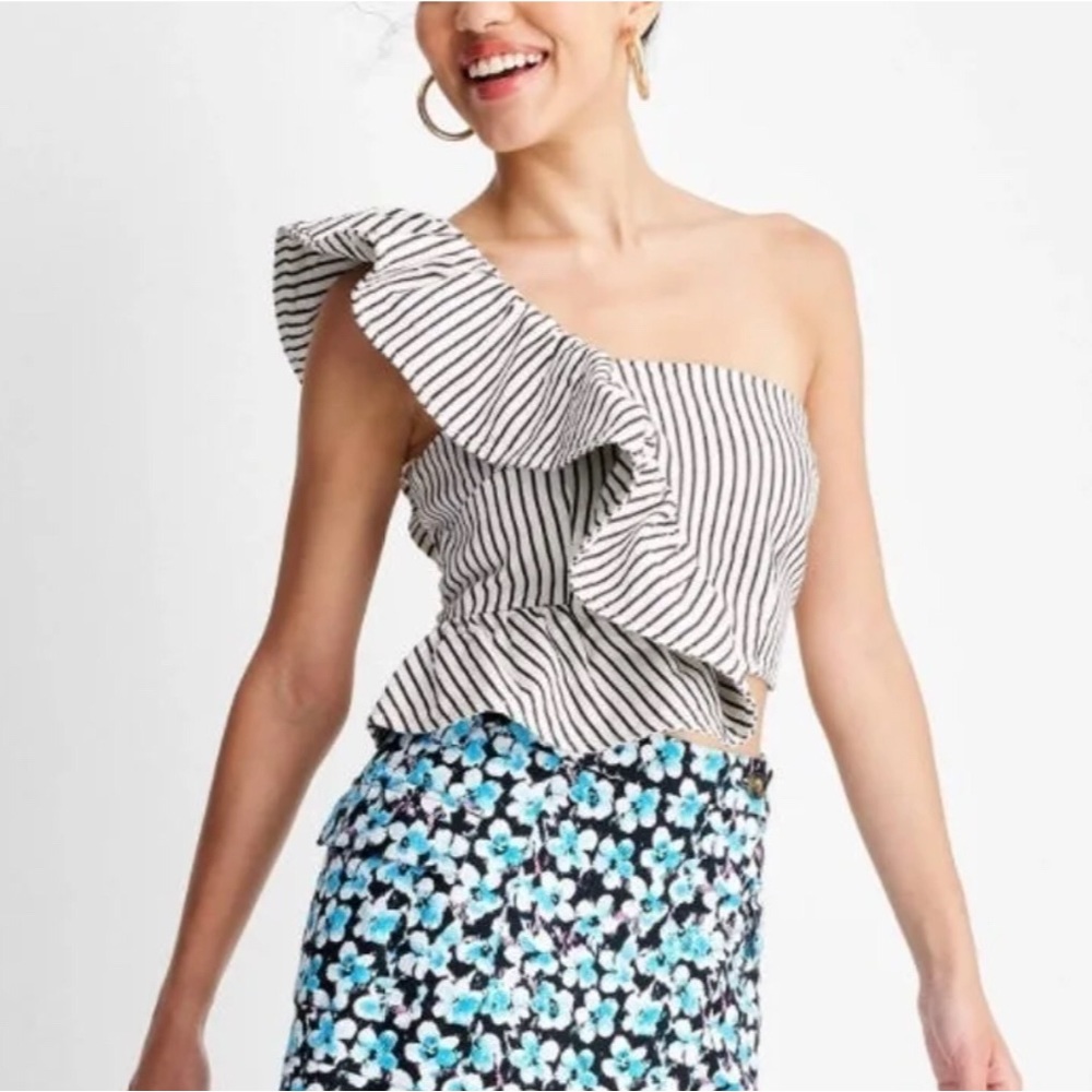 Future Collective Striped One-Shoulder Crop Top